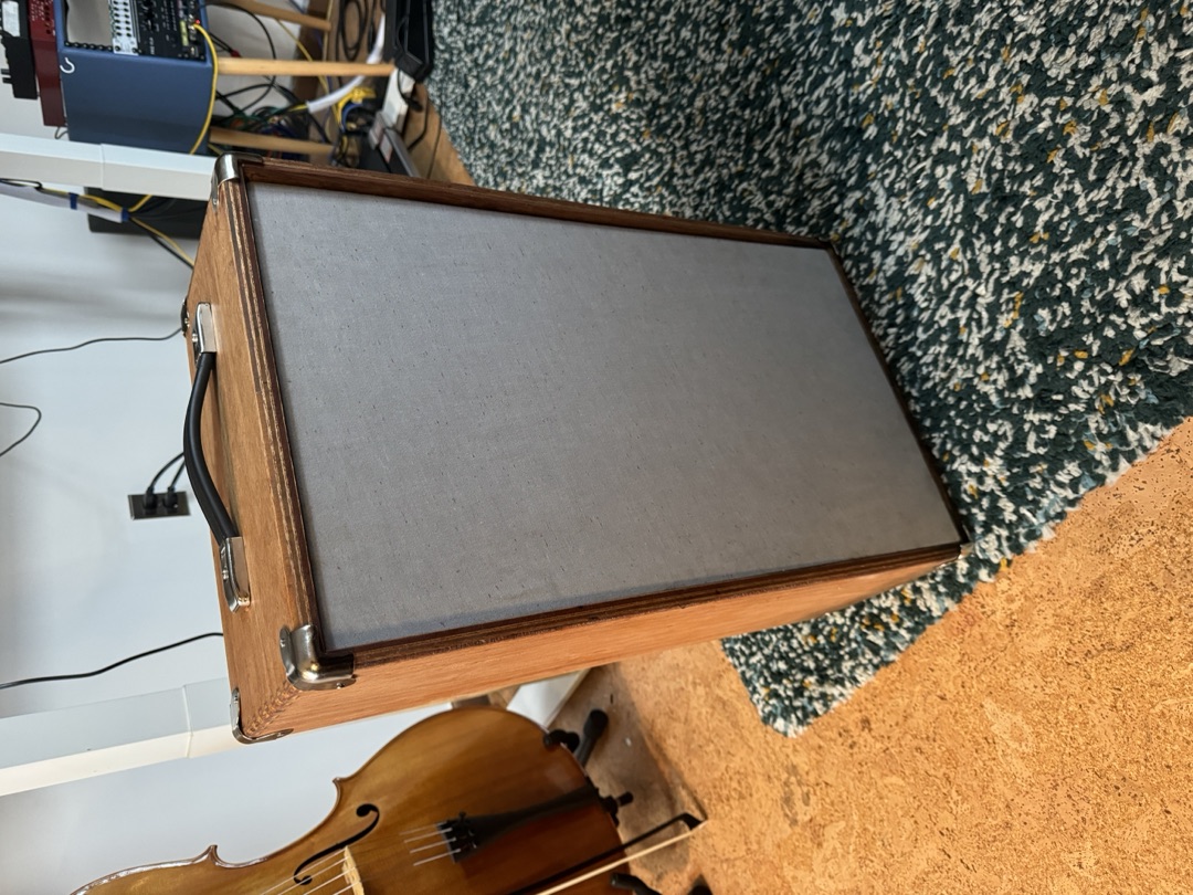The cabinet standing on a rug at home, a double bass behind it
