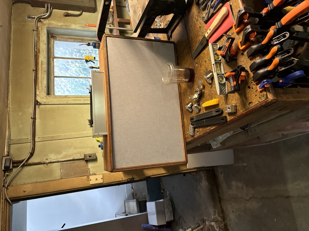 The finished cabinet up on the workbench