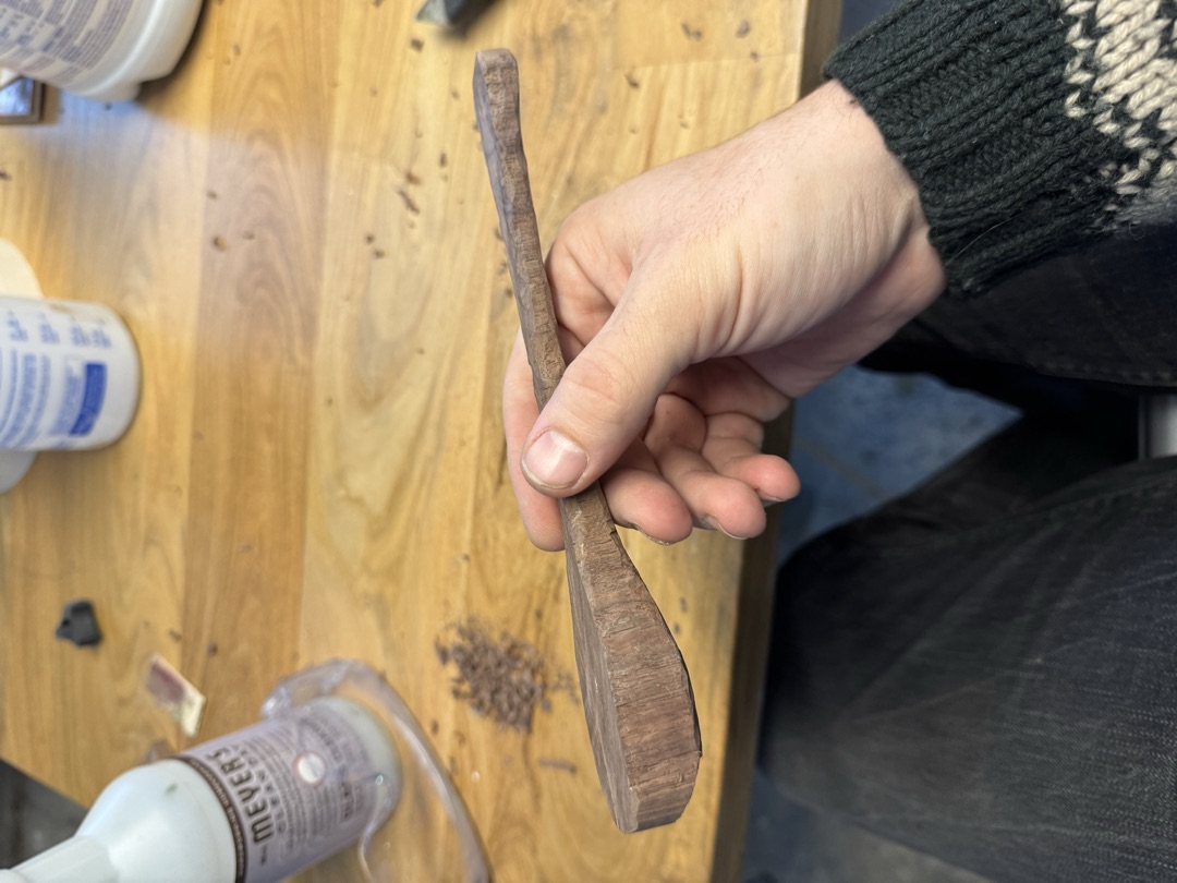 The spoon roughed out as a flat blank, before the bowl was hollowed